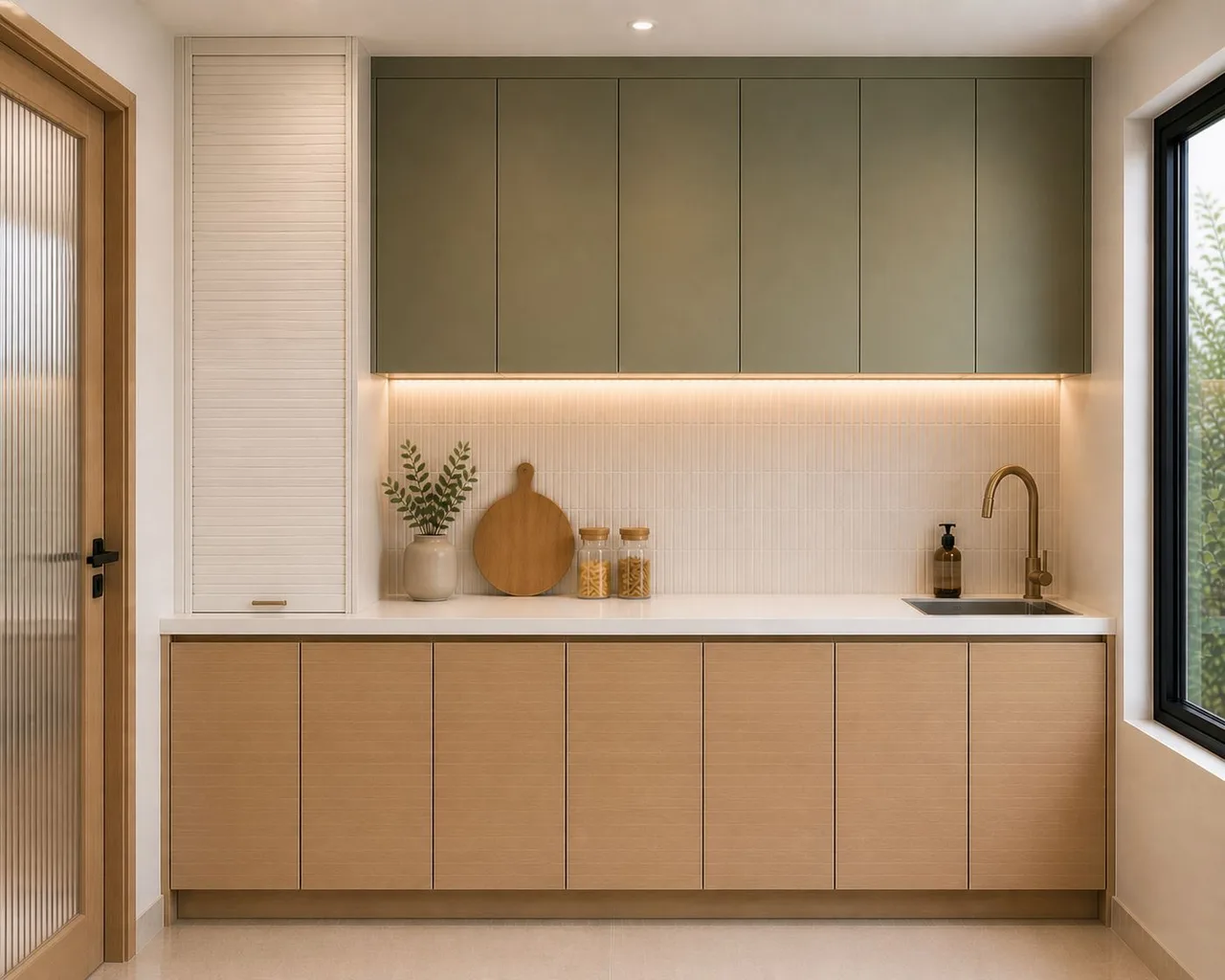 Designer discussing kitchen finishes during a site visit